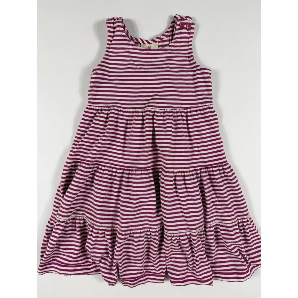 Hanna Andersson Fuschia White Striped Tiered Sleeveless Dress Size 4